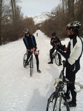 Road bikes are not the best tools for snow riding… if you look closely you can see Bart Gillespie's serious mullet!