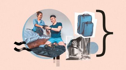 Photo collage of packing cubes and images of people using packing cubes