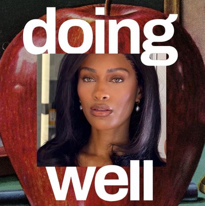 a black woman in the middle of an art treatment with colorful and black and white graphics with white text that says "doing well"