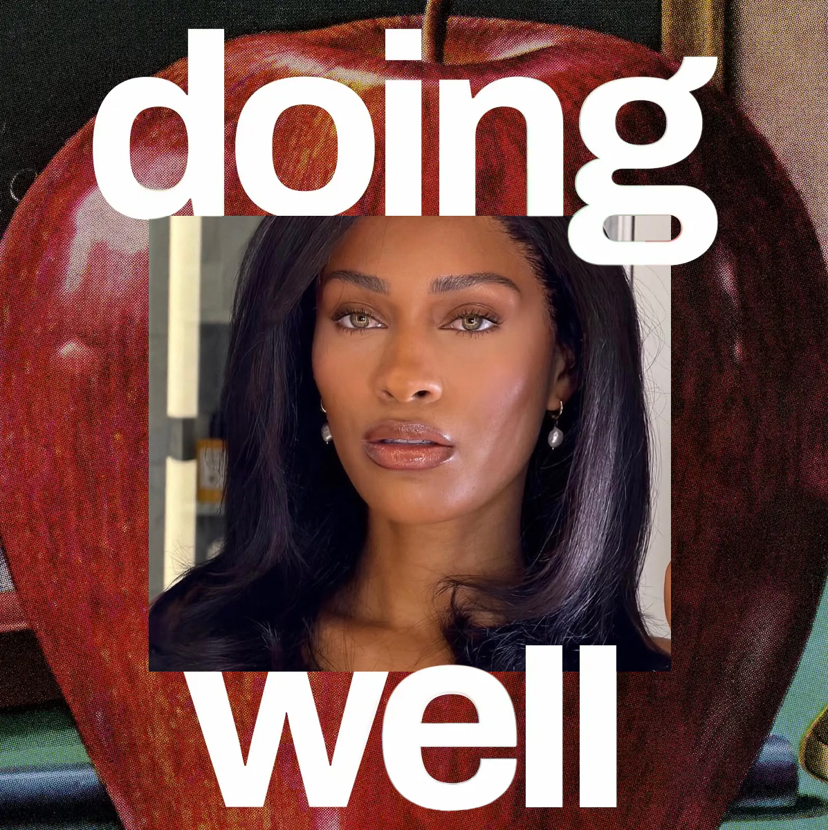 a black woman in the middle of an art treatment with colorful and black and white graphics with white text that says "doing well"