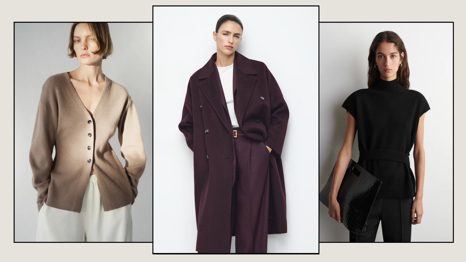 Woman wears fitted cardigan, woman wears burgundy coat, woman wears black turtleneck top