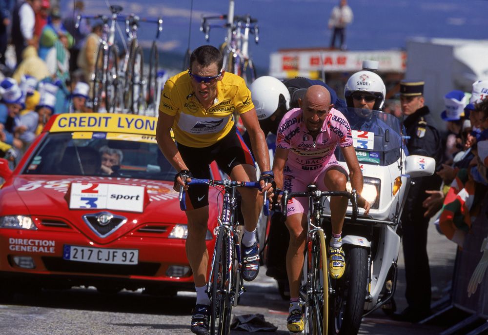 Marco Pantani and Lance Armstrong ride together on Mount Ventoux