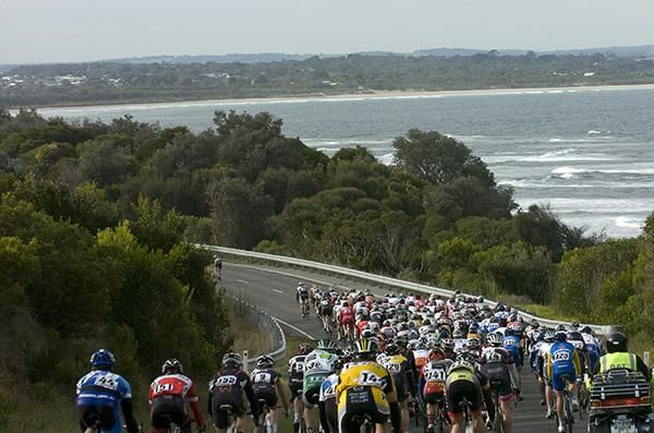 The peloton descends towards Inverloch during stage two of the Tour of Gippsland.