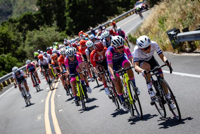 The peloton gets spread out on the way back into Ventura during stage 1 of the 2019 Tour of California Women's Race