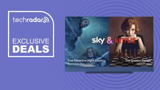 A Sky Glass TV on a swirly purple background with the words exclusive deals next to it