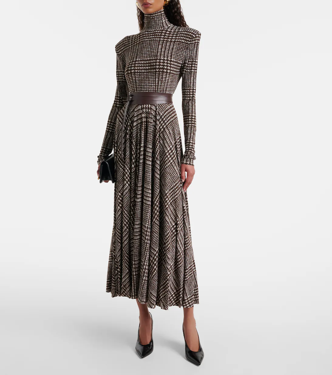 Norma Kamali Belted houndstooth turtleneck midi dress