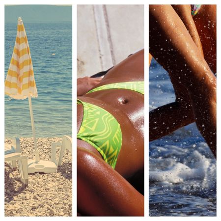 three photos, on the left is a rocky beach with white beach chairs, the middle is a tan woman in a green bikini, third are two sets of tan legs running in the ocean