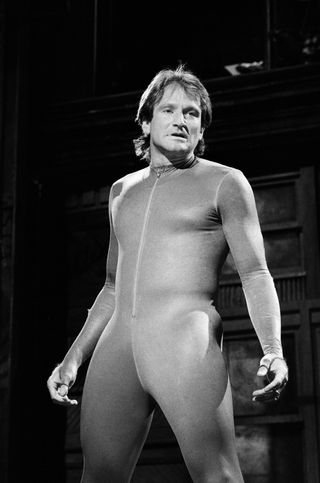 Robin Williams wearing a skin tight suit while hosting snl