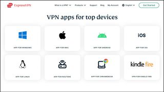 Capture d'écran de la liste des plateformes pour lesquelles ExpressVPN propose des clients