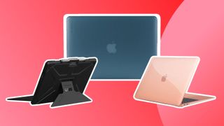 A product shot of the various best MacBook Air cases on a colourful background 