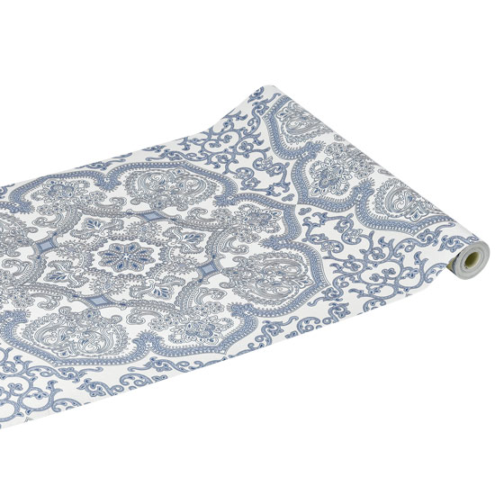 printed blue wallpaper with geometric pattern