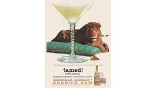 Print advertisement for Ronrico Rum featuring an illustration of a lion behind a Martini glass