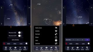 Three panels from the app showing the alignment of different stars and constellations.
