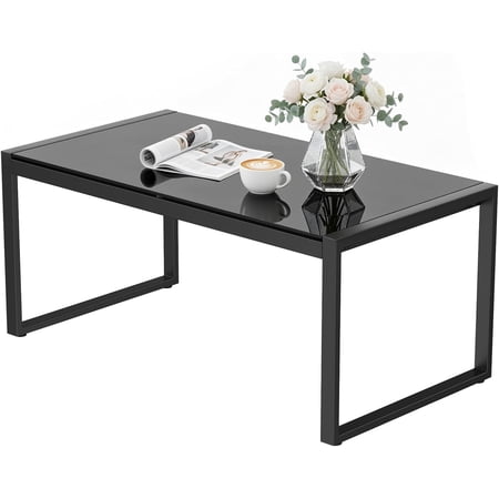 Rectangle Coffee Table With Tempered Glass Desktop, Black | Galvanized Frame Outdoor Coffee Table With Adjustable Feet for Patio, Balcony, Deck, Living Room
