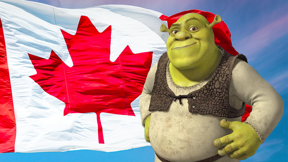 Shrek in front of a Canadian flag