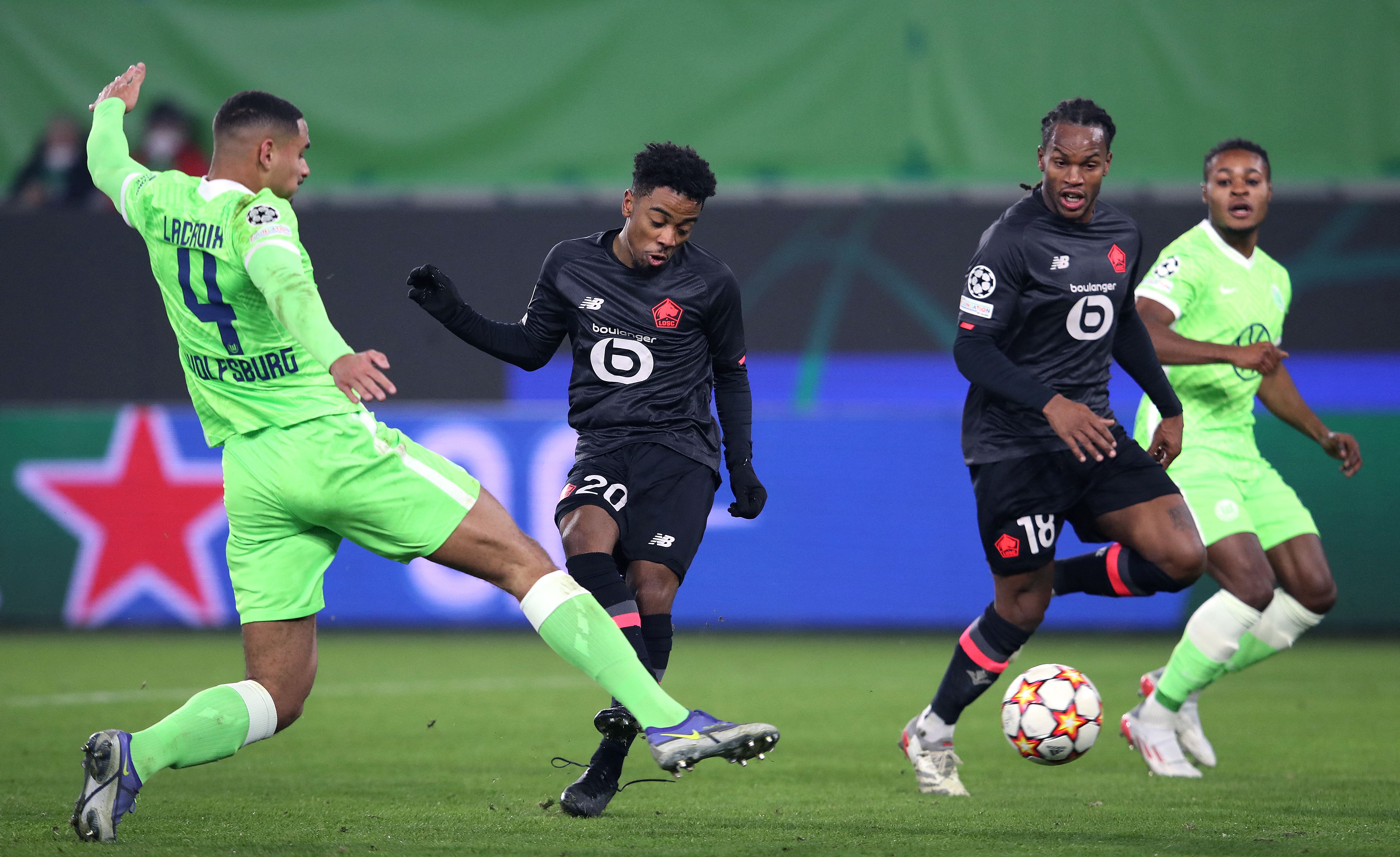 Angel Gomes scores for Lille against Wolfsburg in the Champions League in December 2021.