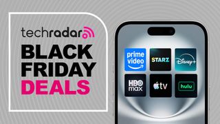 A phone showing the logos of several streaming services next to the words 'TechRadar Black Friday deals' 