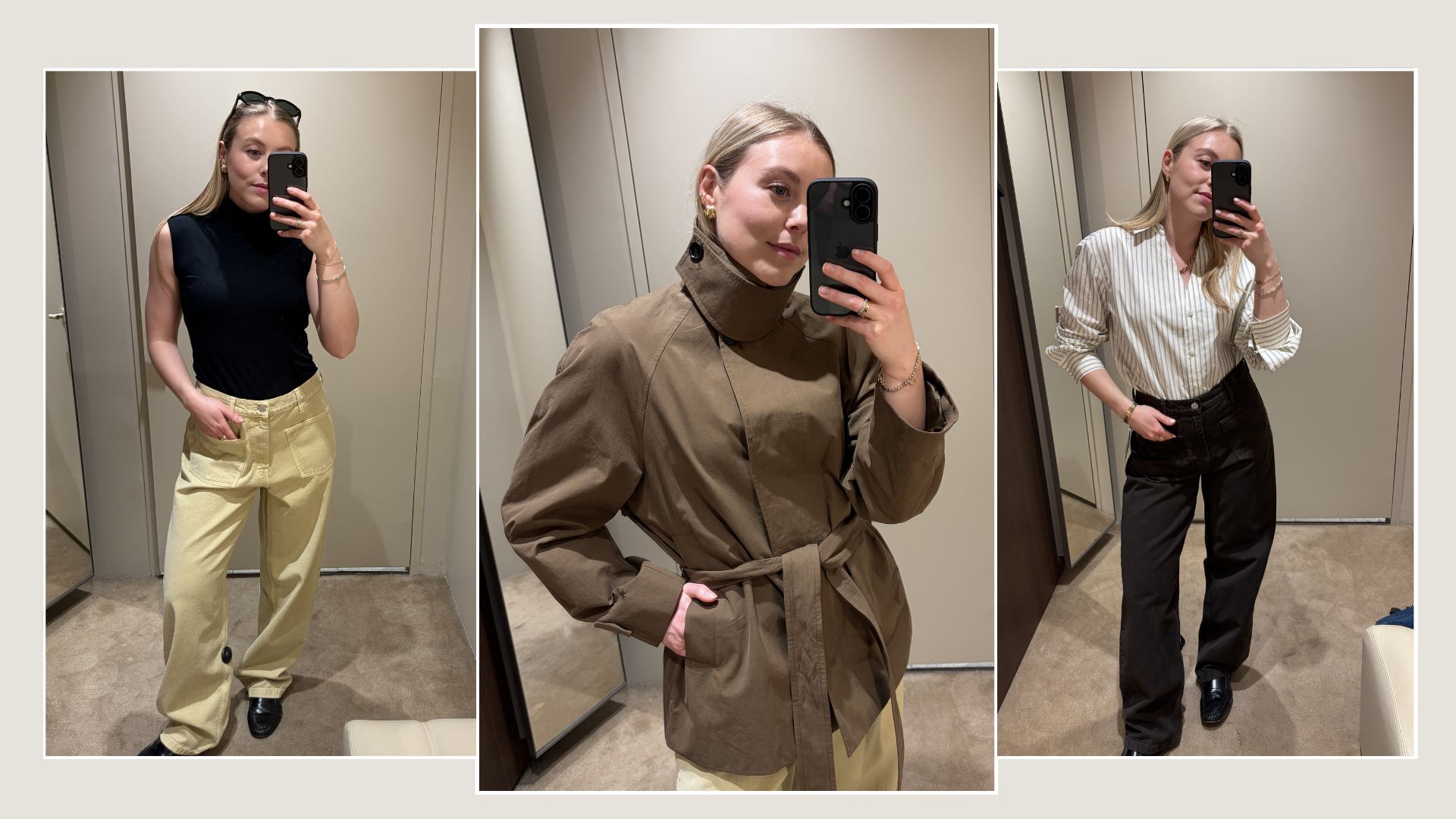 Woman wears black top and yellow jeans; woman wears funnel neck trench coat; woman wears striped shirt and brown jeans 