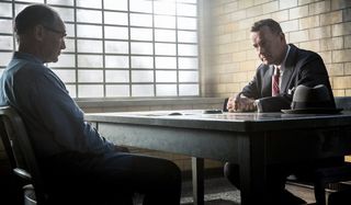 Bridge of Spies Mark Rylance being questioned by Tom Hanks in an interrogation room