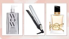 Collage of best Black Friday beauty deals (L-R) Color Wow Dream Coat, ghd Platinum+ and YSL Beauty Libre Eau de Parfum, on a pink watercolour background