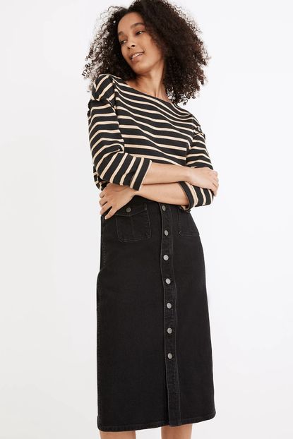 Denim Button-Front Flap-Pocket Midi Skirt
