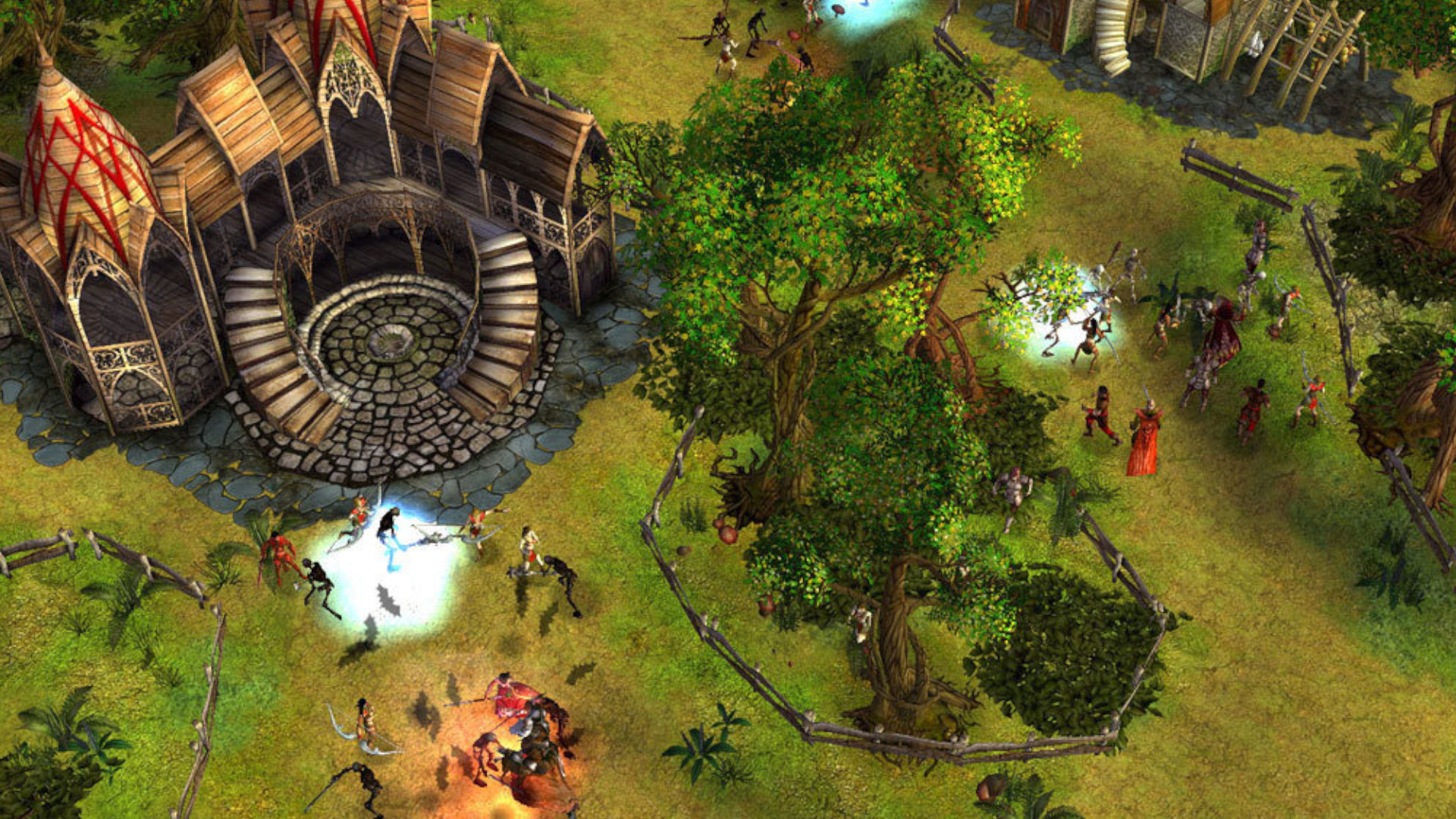An overview of a battle between three groups during the RPG SpellForce: The Order of Dawn