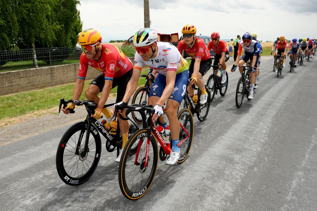 MOULINS FRANCE JULY 12 LR Alexander Kristoff of Norway and UnoX Pro Cycling Team and Edvald BoassonHagen of Norway and Team TotalEnergies compete during the stage eleven of the 110th Tour de France 2023 a 1798km from ClermontFerrand to Moulins UCIWT on July 12 2023 in Moulins France Photo by David RamosGetty Images