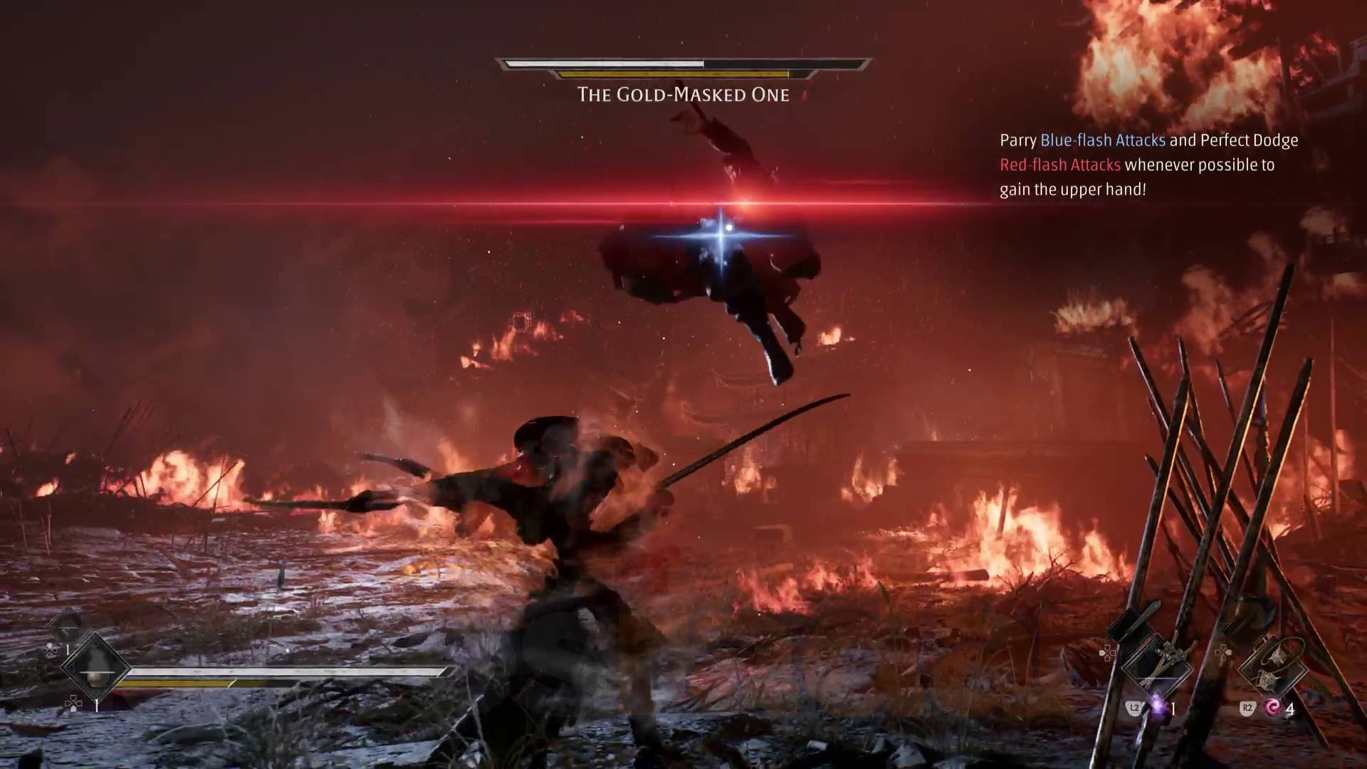 Phantom Blade Zero Gold-Masked One boss red-flash attack from the air