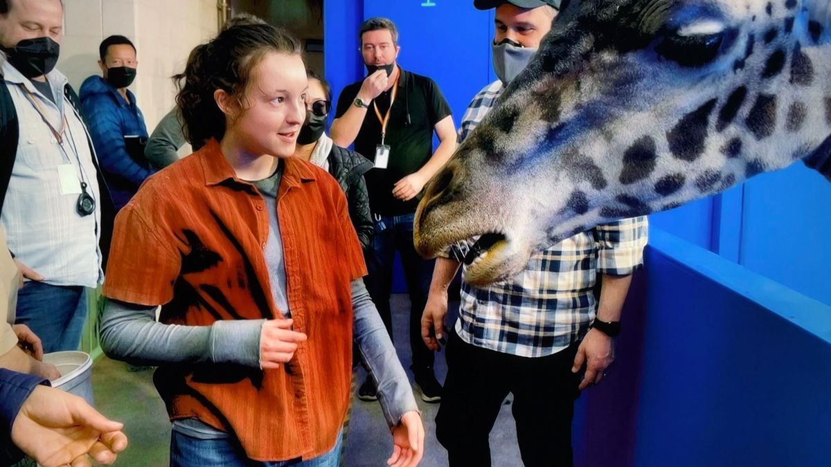 A shot of actor Bella Ramsey stood with a giraffe