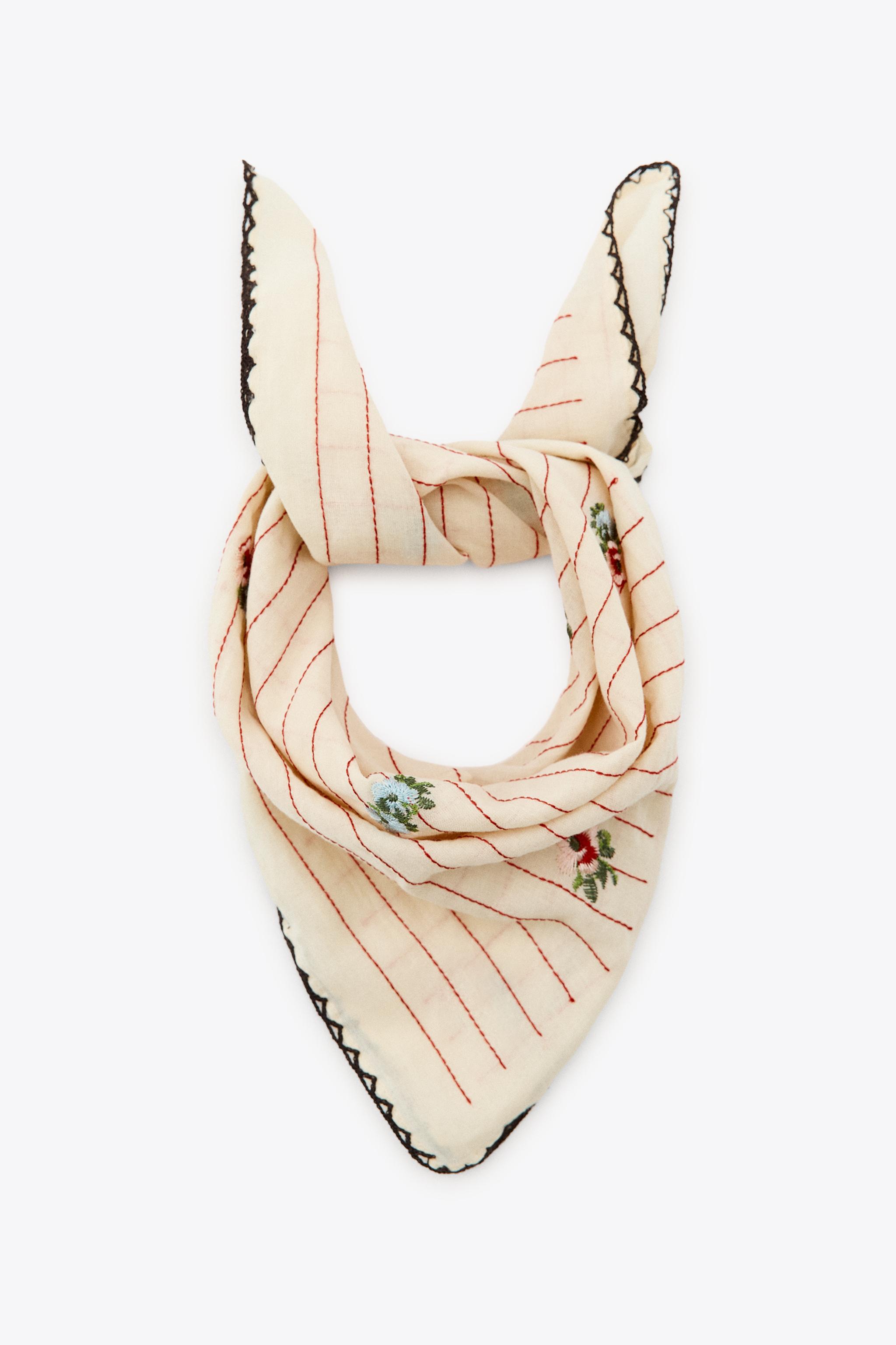 Striped Scarf With Embroidered Flowers