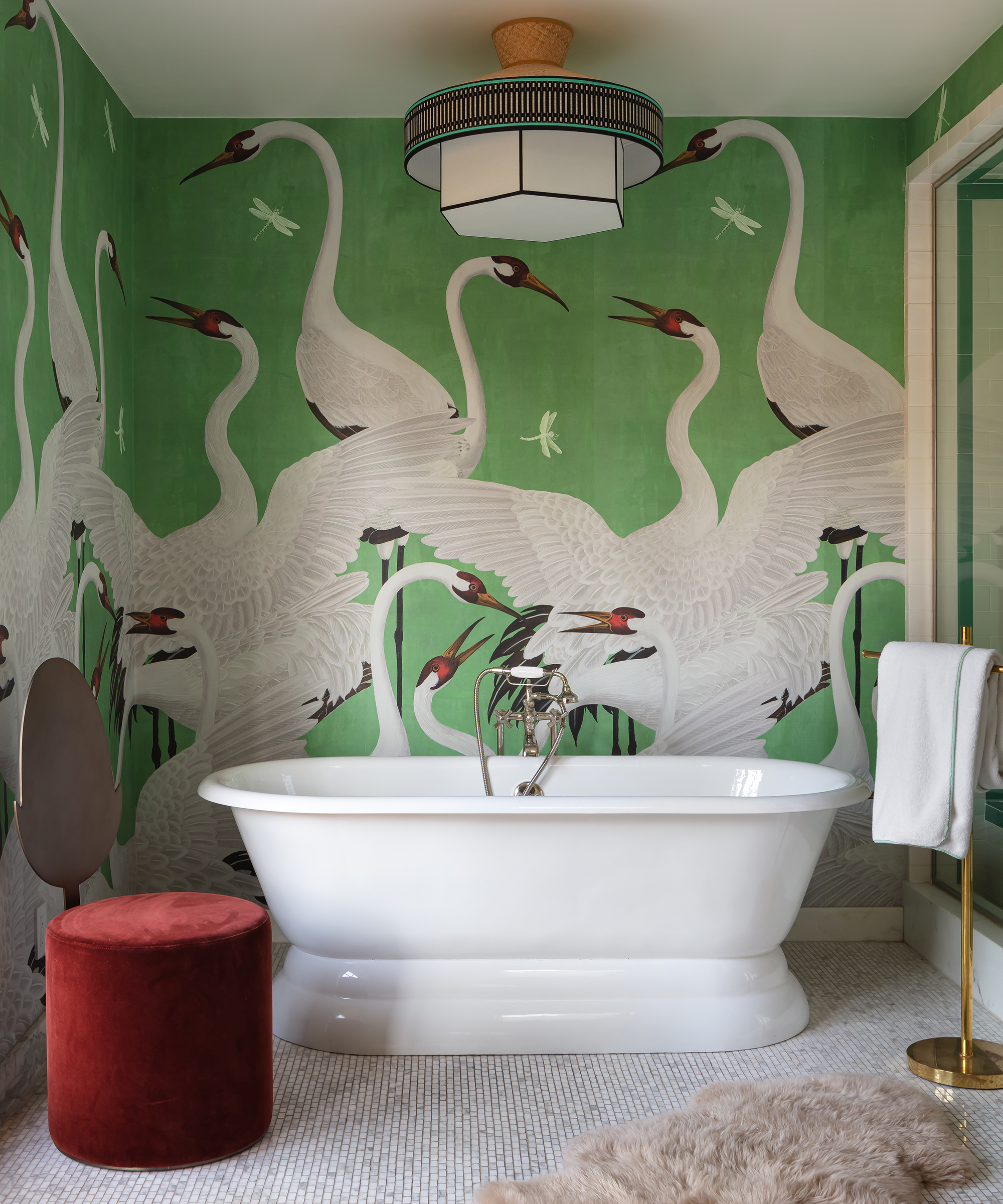 bathroom with heron wallpaper