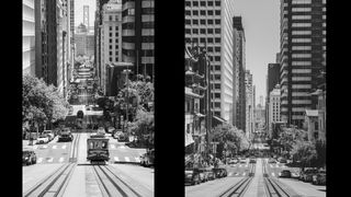 Black and white image of steep street in San Francisco