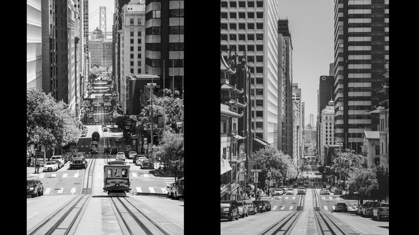 Black and white image of steep street in San Francisco