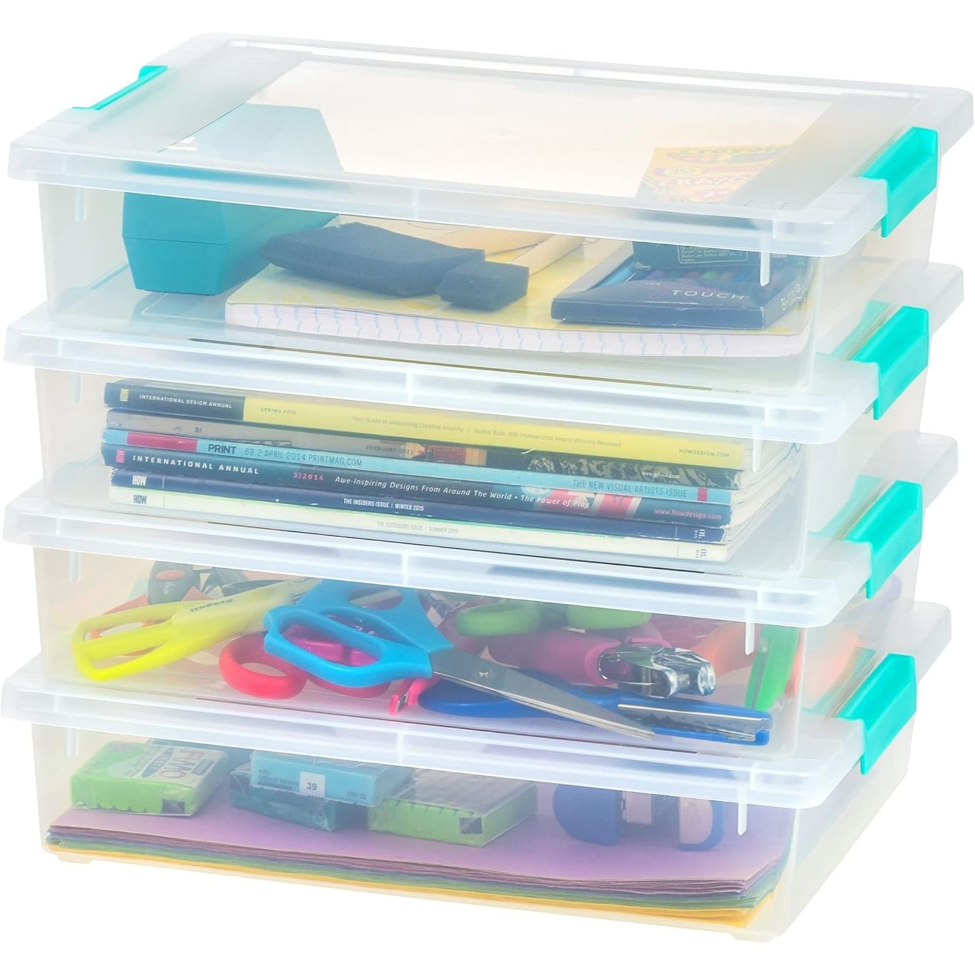 A stack of shallow plastic storage bins with turquoise blue latches.