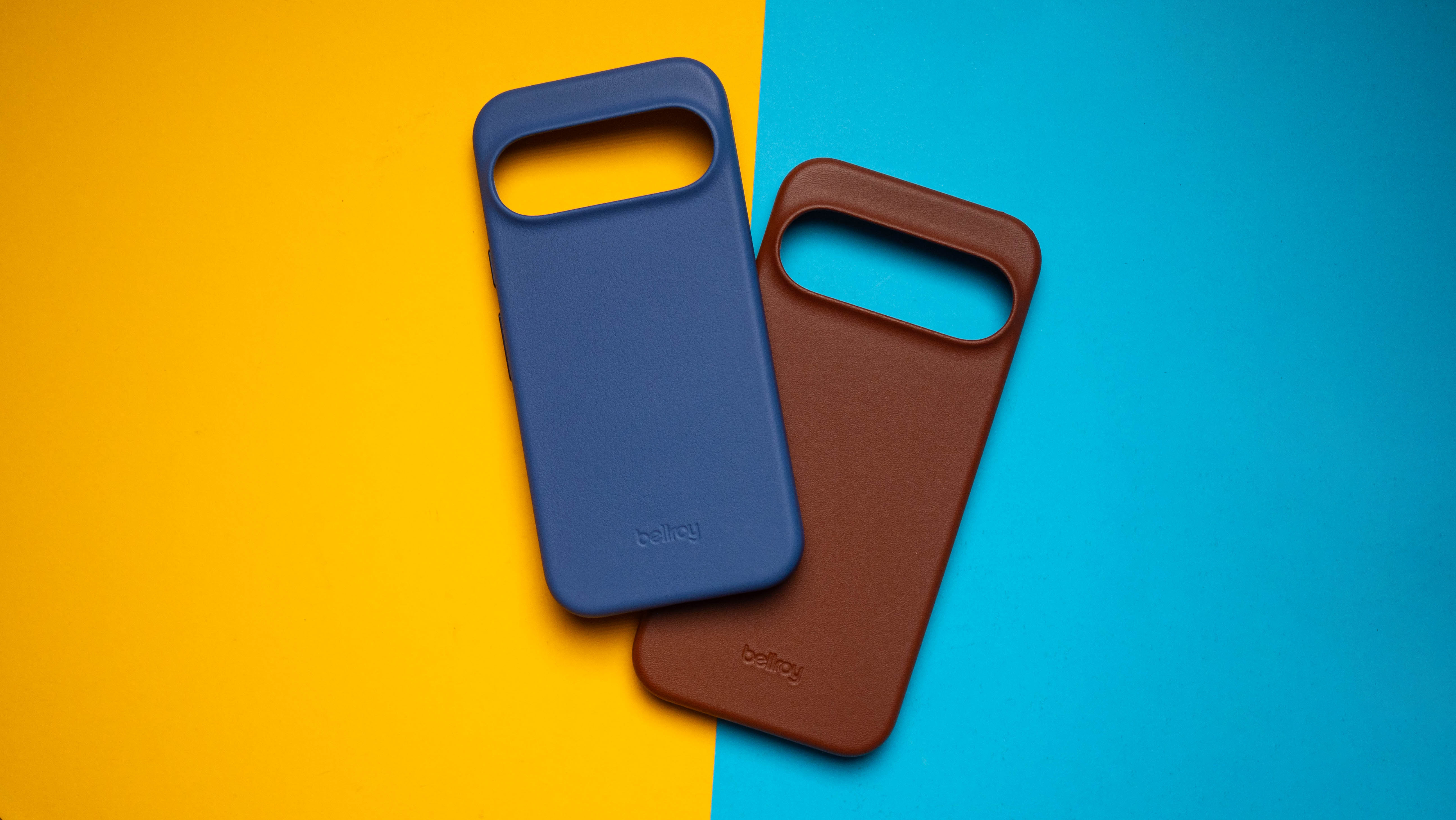 Bellroy Pixel 10 Leather Case against colorful backgrounds on Android Central