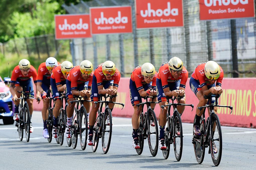 Bahrain-Merida riders practice their team time trial in Zolder