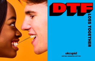 View of an OKCupid ad with a half orange, half blue background. On the orange side, there is a close up of a couple's faces and they are facing each other and smiling. They are connected by dental floss that they have between their teeth. And on the blue side, there is text that says 'DTFloss Together'