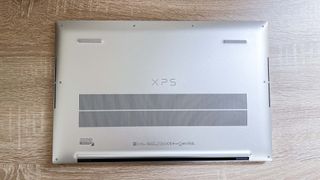 Dell XPS 17 (2023) review unit on desk, bottom facing camera