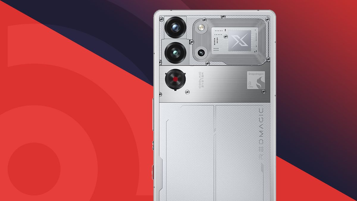 Nubia RedMagic 10 Pro in silver on top of TechRadar logo in red