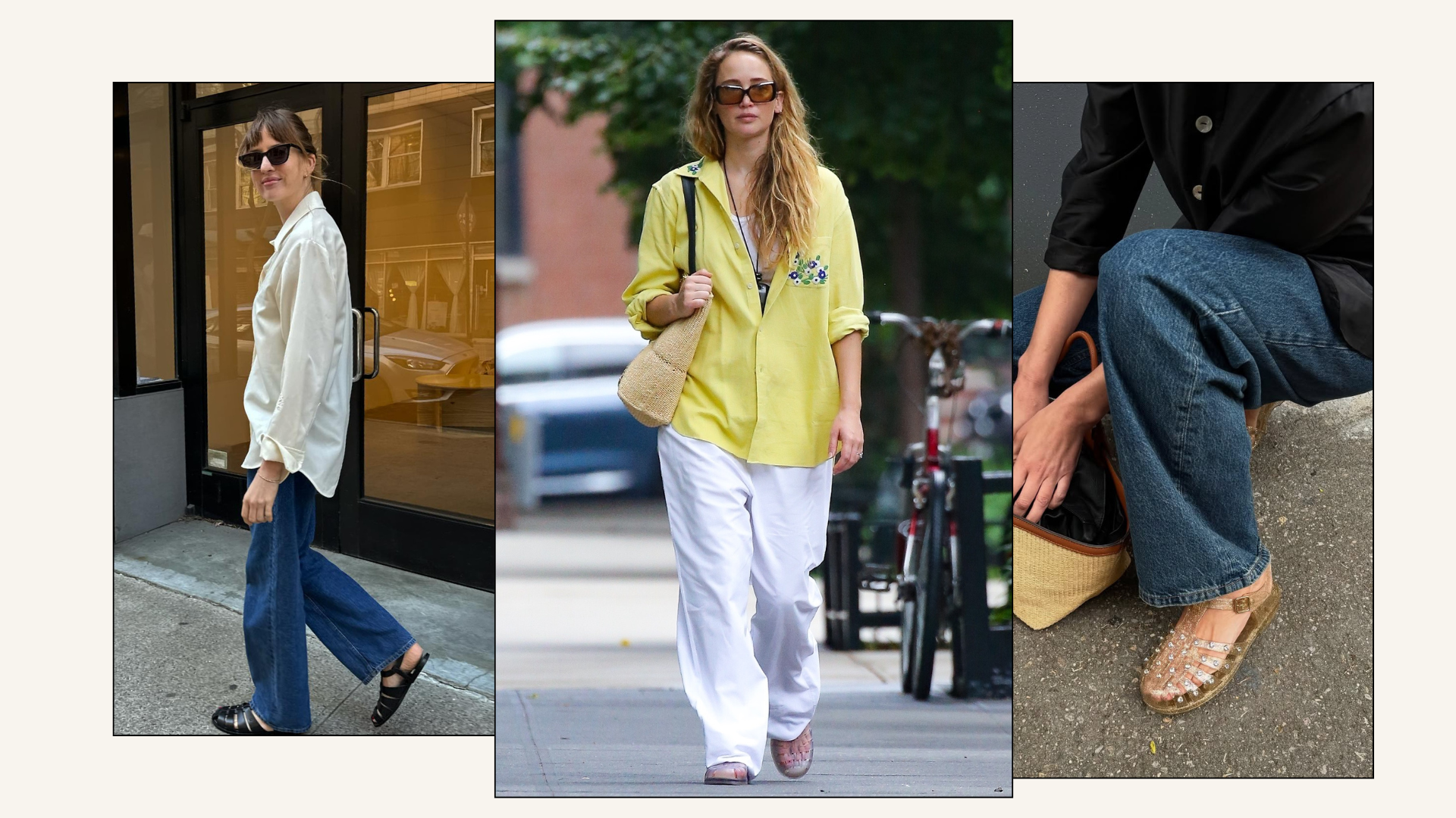 An image of Jennifer Lawrence and @lizzyhadfield wearing the jelly fisherman sandal trend.