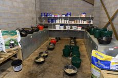 Horses feed laid out in Feed room at Piggy French's yard at Maidwell Lodge Farm, Maidwell, Northamptonshire, UK on 2nd June 2015