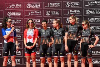 DUBAI UNITED ARAB EMIRATES FEBRUARY 09 A general view of Audrey Cordon Ragot of France Maggie ColesLyster of Canada Danielle De Francesco of Australia Mareille Meijering of The Netherlands Nikola Noskova of Czech Republic Emanuela Zanetti of Italy and Zaaf Cycling Team prior to the 1st UAE Tour Women 2023 Stage 1 a 109km stage from Port Rashid to Dubai Harbour UAETourWomen on February 09 2023 in Dubai United Arab Emirates Photo by Tim de WaeleGetty Images