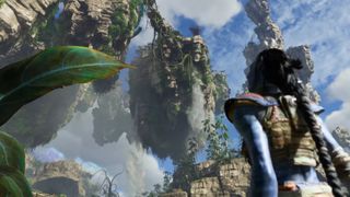 A Na'vi looks up at a floating island