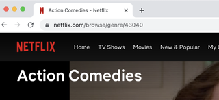 A view of the URL field in Chrome with "/genre/43030" input to open Action Comedies using a netflix secret search code.