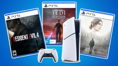 PS5 with three PS5 games surrounding the console