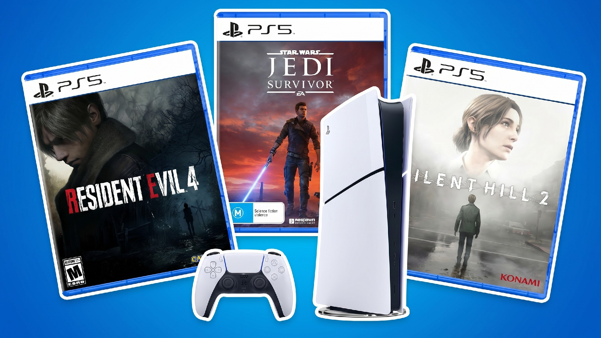 PS5 with three PS5 games surrounding the console