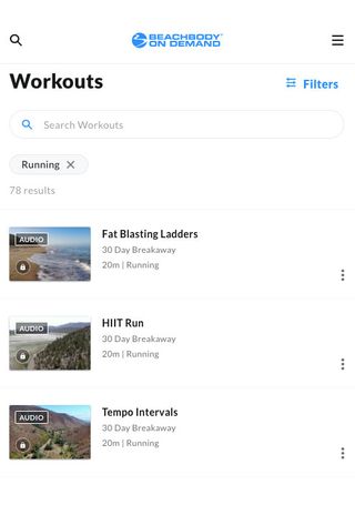 Some of the Running audio sessions available on the BeachBody on Demand fitness app