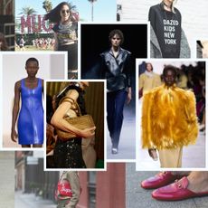 a collage of 2016 fashion revival in 2026 fashion trends, featuring Taylor Swift, Rihanna, Supreme bag, Coachella guest, Gucci loafers, Loewe, Miu Miu, and Bottega Spring 2026, and Jenna Ortega