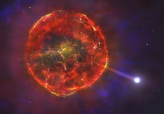 The material ejected by the supernova will initially expand very rapidly, but then gradually slow down, forming an intricate giant bubble of hot glowing gas. Eventually, the charred remains of the white dwarf that exploded will overtake these gaseous layers, and speed out onto its journey across the galaxy.
