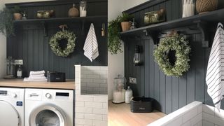 dark panelled laundry room with under-counter appliances and dog shower